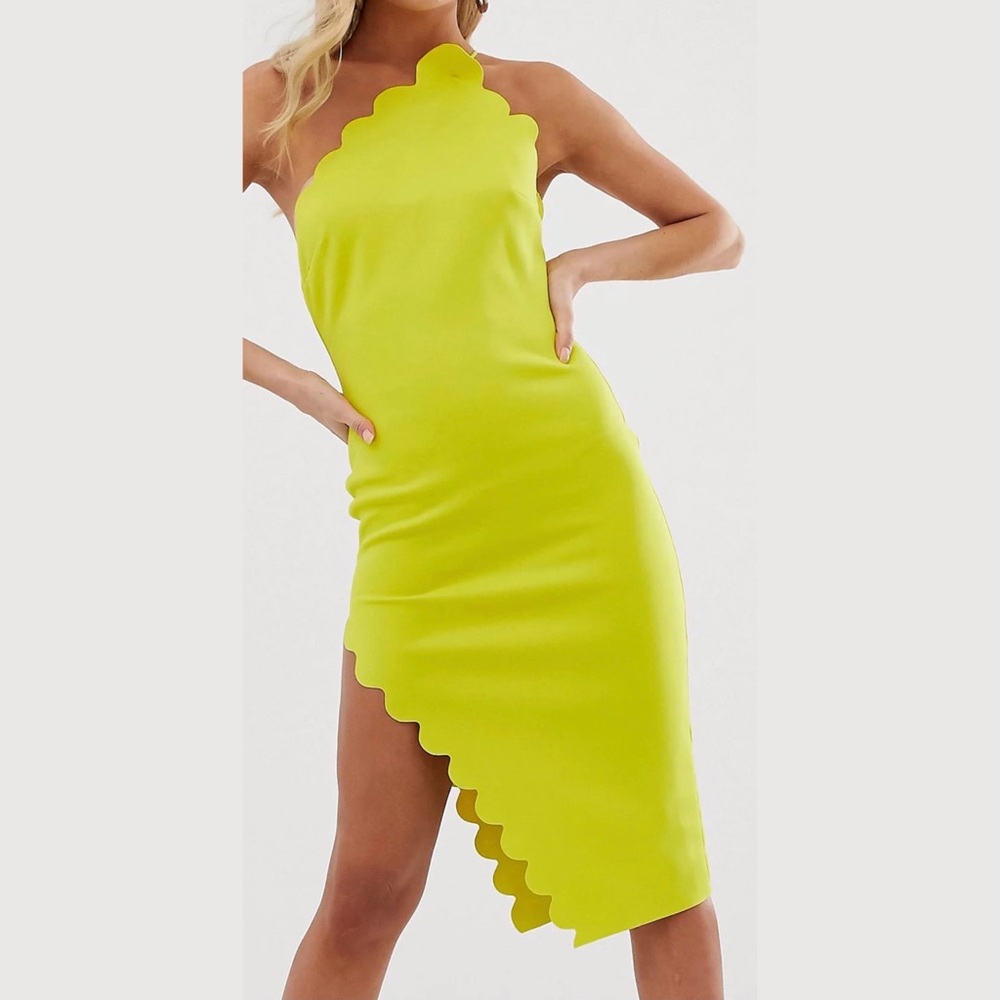 ASOS Yellow Scallop halter one shoulder midi dress